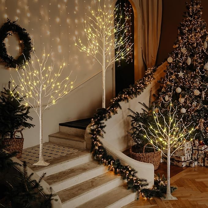 LIGHTSHARE LED Birch Tree Light Set - 4ft, 6ft, 8ft Trees with Warm White Lights - Indoor Outdoor Christmas Wedding Party Decorations (3-Pack)
