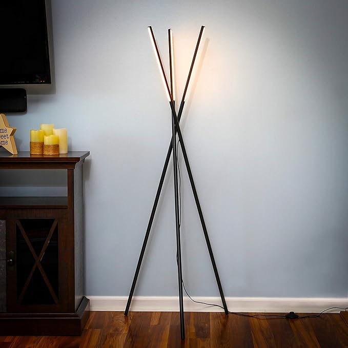 Brightech Stix LED Tripod Floor Lamp for Living Room - Dimmable Modern Standing Lamp, with 3 Lights for Bedroom - Contemporary Office Lighting- Black