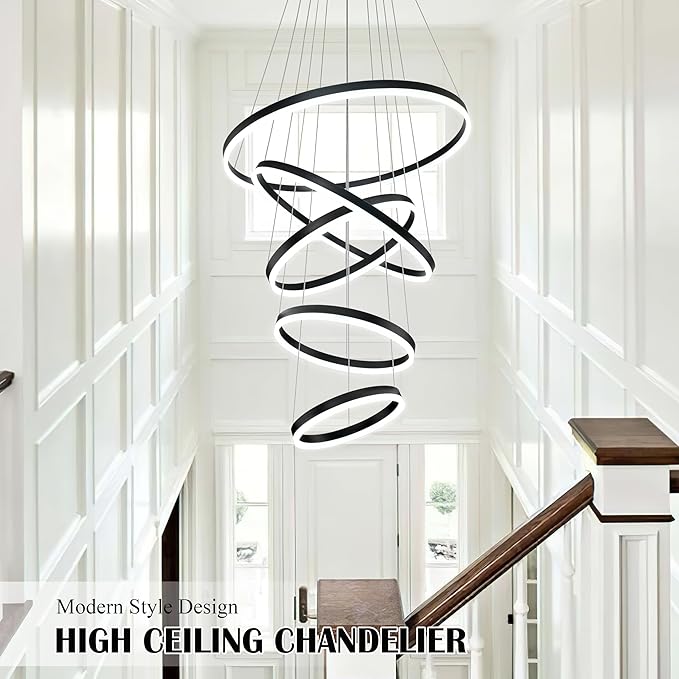 5 Rings Pendant Lights Modern Black Led Chandelier Black Modern Led Pendant Light Dimmable Height Adjustable Chandeliers for Dining Room Bedroom Entryway Living Room Foyer (3000K-6000K)