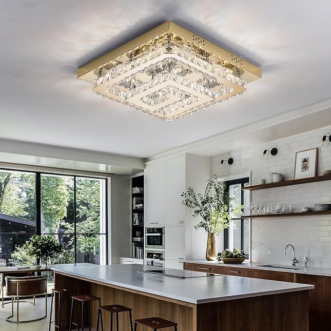 25" Crystal Gold Chandelier with Remote/App Control, 3 Color Temperature Light Fixture & Brightness Adjustable, Modern Flush Mount LED Ceiling Light Fixture for Living Room Kitchen Hallway Dining Room