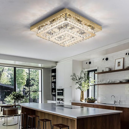 25" Crystal Gold Chandelier with Remote/App Control, 3 Color Temperature Light Fixture & Brightness Adjustable, Modern Flush Mount LED Ceiling Light Fixture for Living Room Kitchen Hallway Dining Room