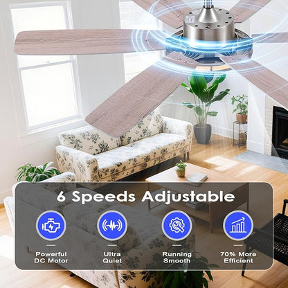 Hounberi Ceiling Fans with Lights, 52 Inch Brushed Nickel Ceiling Fan with Light and Remote Control, 3CCT, 6 Speeds, Quiet Reversible DC Motor, Dimmable, Ceiling Fan for Bedroom, Patio, Living Room