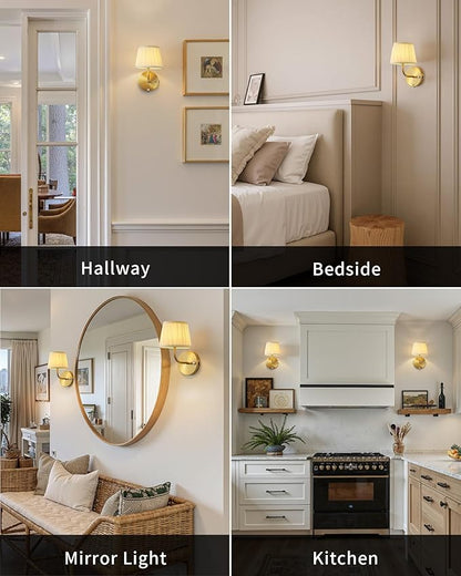 PUSU Motion Sensor Gold H9.6 inch Small Wall Sconces Set of 2, LED Cordless Rechargeable 5200mAh Battery Operated Fabric Wall Lamps with Remote, Lighting for Living Room, Bedroom, Hallway, Stairs