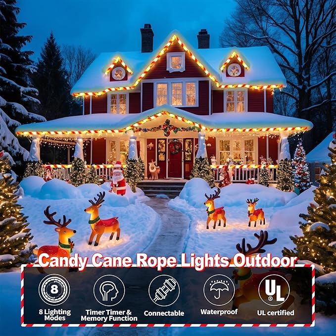 Toodour Christmas Candy Cane Lights, 50ft 360 LED Candy Cane Rope Lights Outdoor with 8 Modes, Connectable, Timer, Waterproof White & Red Christmas Light for Garden Patio Bedroom Party Xmas Decor