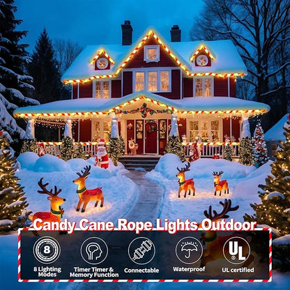 Toodour Christmas Candy Cane Lights, 50ft 360 LED Candy Cane Rope Lights Outdoor with 8 Modes, Connectable, Timer, Waterproof White & Red Christmas Light for Garden Patio Bedroom Party Xmas Decor