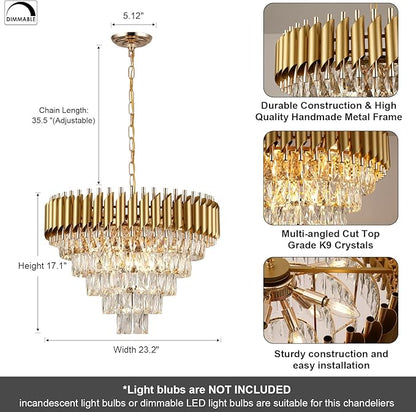 AXILIXI Modern Crystal Chandelier Gold, 24" Round Chandeliers for Dining Room K9 5 Tiers Ceiling Pendant Light Fixtures Golden Large Raindrop Flush Mount Chandelier for Foyer Living Room Staircase