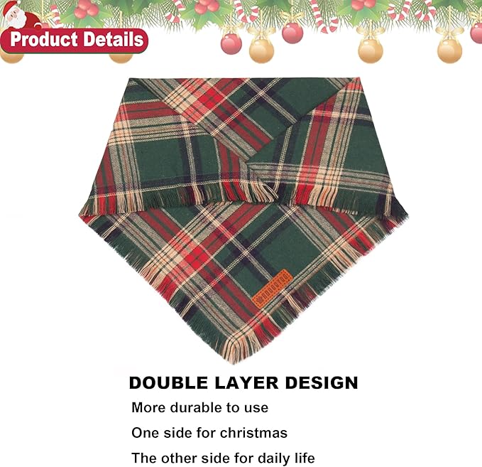 ADOGGYGO Christmas Dog Bandanas with Tassels Edges, Stylish Plaid Dog Christmas Scarf Bib, Multiple Sizes Offered, Plaid Bandanas for Medium Large Dogs (Large)