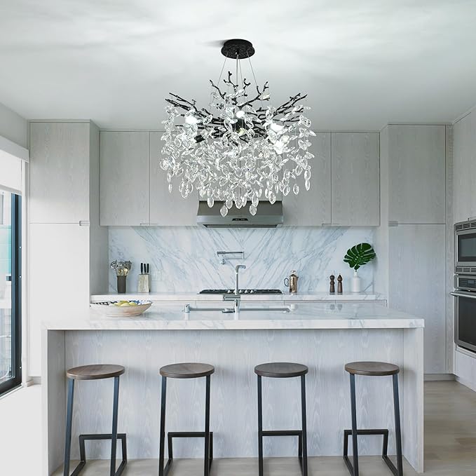 Modern Crystal Tree Branch Chandelier, Black Round Art Deco Pendant Light Raindrop Lighting Fixture for Dining Room Bedroom Foyer 6 Lights D18''
