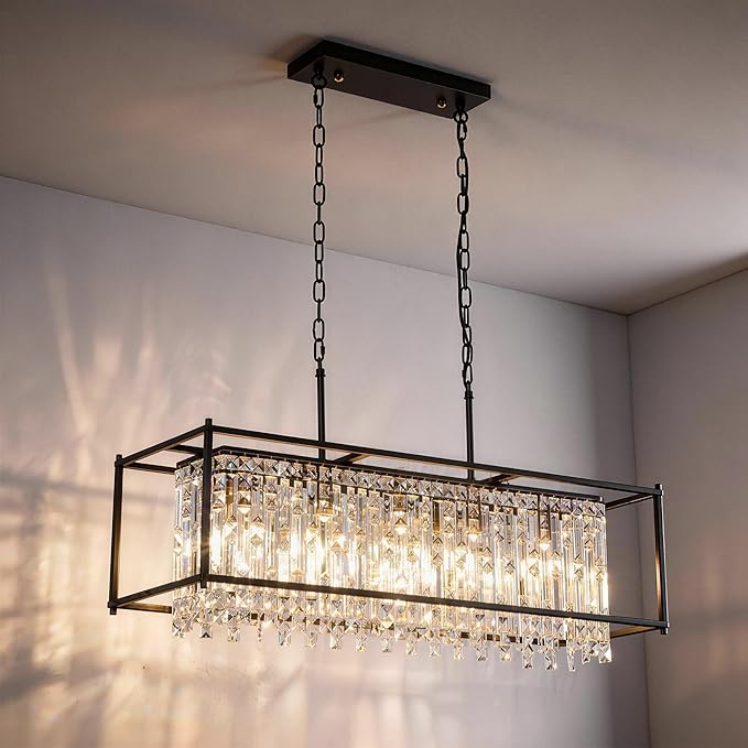 Modern Black Crystal Chandeliers For Dining Room, 36" Large Rectangle Water Ripple Glass Pendant Elegant Linear Lighting for Kitchen Island Dining Room LivingRoom Flat Inclined Ceiling,L36 x W11 x H19