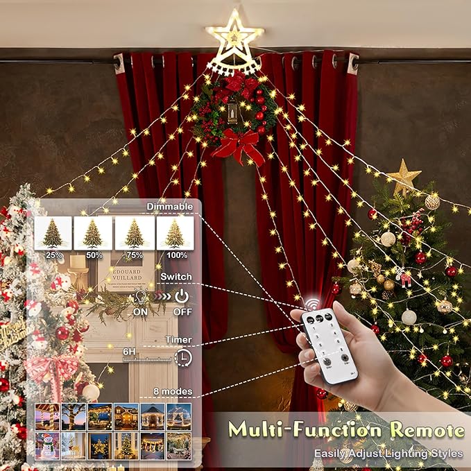Star String Lights, 350 LED Tree Waterfall Fairy Lights, Outdoor Waterproof Christmas Decoration Lights with Remote, 16FT X 9 Hanging LED Lamp for Garden Yard Wedding Birthday Festival, Warm White