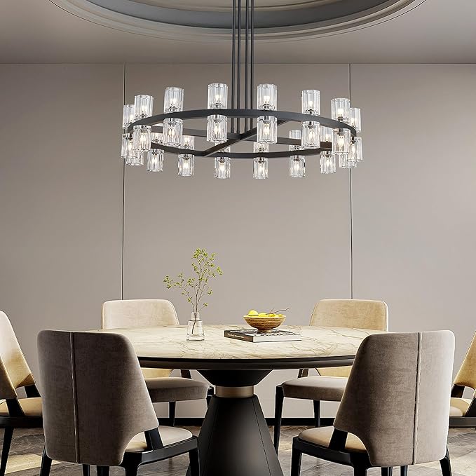 36" Black Wagon Wheel Crystal Chandelier for Dining Room Over Table, Modern Round K9 Crystal Ceiling Chandelier Pendant Light Ideal for Living Room Entryway Foyer