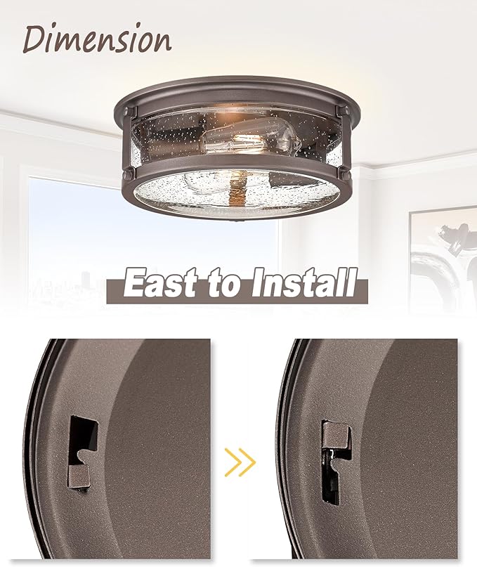 Flush Mount Ceiling Light, 2-Light Oil Rubbed Bronze Ceiling Light Fixture, Flush Mount Light with Seeded Glass Shade for Kitchen, Hallway, Bedroom (12 Inch)