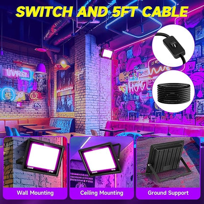 2 Pack 200W LED Black Light, IP66 Waterproof Outdoor Blacklight Flood Light Spotlight with Plug, Switch, Cord for Neon Glow Party Fluorescent Poster Body Paint Stage Lighting Halloween Decor