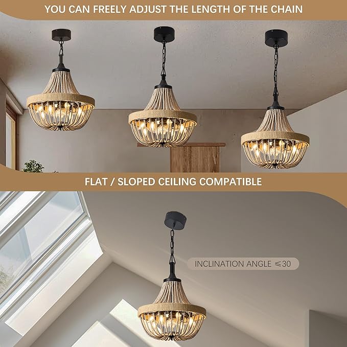 Bohemian Empire Style Chandelier Fan with 64 Wood Bead Strands, 7-Blade Invisible, Remote/APP Control, 20'' Ceiling Light Fixture for Living Room Bedroom Dining (Black, 20'' Boho Style)