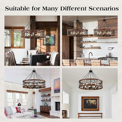 10-Light Farmhouse Drum Wood Pendant Light,32.24'' Vintage Rustic Brown Oak Wood Chandeliers,Retro Industrial Hanging Light Fixtures for Dining Room Entryway, Bedroom