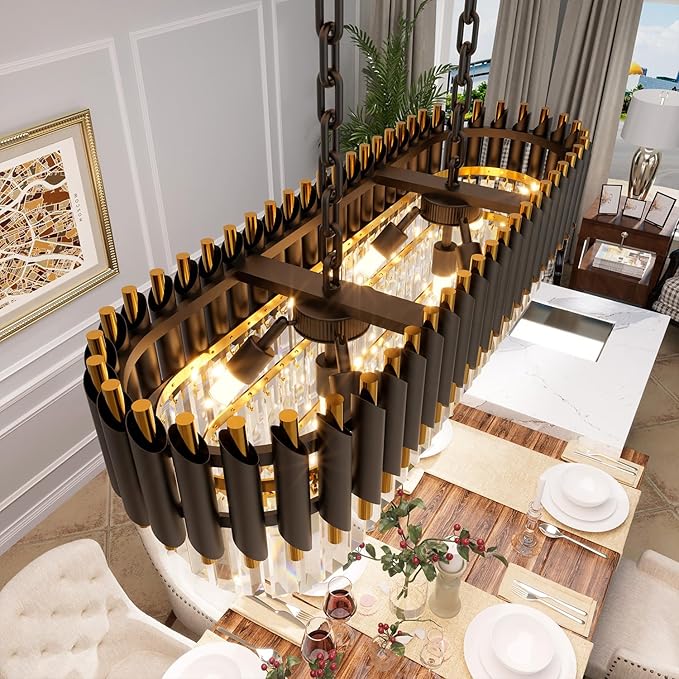 31.5" 8-Light Modern Black Gold K9 Crystal Chandelier, Luxury Rectangular Raindrop Pendant Light with Adjustable Chain, Hanging Chandeliers for Dining Room, Kitchen Island, Living Room