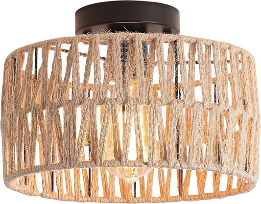 Coastal Woven Flush Mount Ceiling Light Fixture Rustic Industrial Hemp Rope Semi Flush Mount Ceiling Light for Hallway Bedroom Farmhouse Kitchen Entryway Hall, Black
