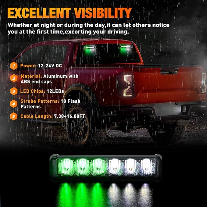 Nilight 12LED Emergency Strobe Traffic Advisor Light Bar 2 in 1 Green White Dash Warning Safety Flashing Lights Front/Rear Windshield Construction Lights for Trucks Cars Plow Police Vehicles