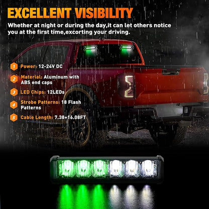 Nilight 12LED Emergency Strobe Traffic Advisor Light Bar 2 in 1 Green White Dash Warning Safety Flashing Lights Front/Rear Windshield Construction Lights for Trucks Cars Plow Police Vehicles