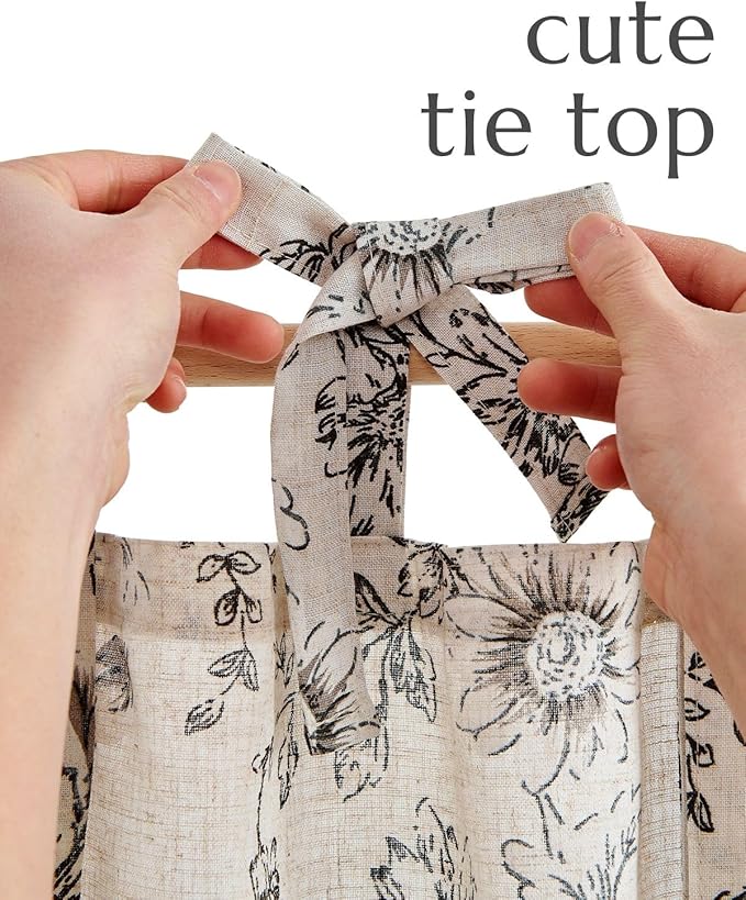 jinchan Floral Linen Tier Curtains 36 Inch Farmhouse Cafe Curtains Tie Top Botanic Drapes for Small Windows Over Sink for Kitchen Country Rustic Laundry Room Bathroom RV 2 Panels Black on Beige