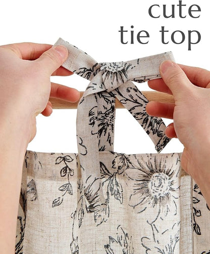 jinchan Floral Linen Tier Curtains 36 Inch Farmhouse Cafe Curtains Tie Top Botanic Drapes for Small Windows Over Sink for Kitchen Country Rustic Laundry Room Bathroom RV 2 Panels Black on Beige