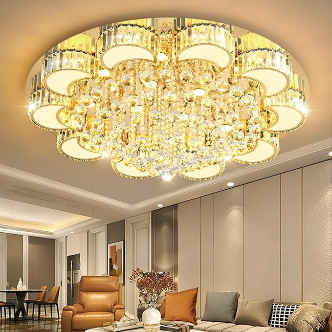 39.4" Gold Modern Crystal Chandeliers for Dining Room LED Dimmable Light Fixtures Flush Mount Light Living Room Bedrooms
