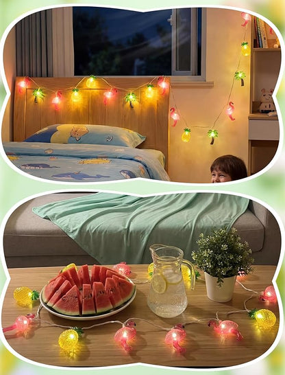 8.5FT Hawaiian Tropical String Lights 10LED Plug in Fairy Lights – Flamingo Pineapple Palm Tree, Waterproof Connectable Outdoor Lights for Luau Party Beach Pool Patio Indoor Summer Decor, UL Listed