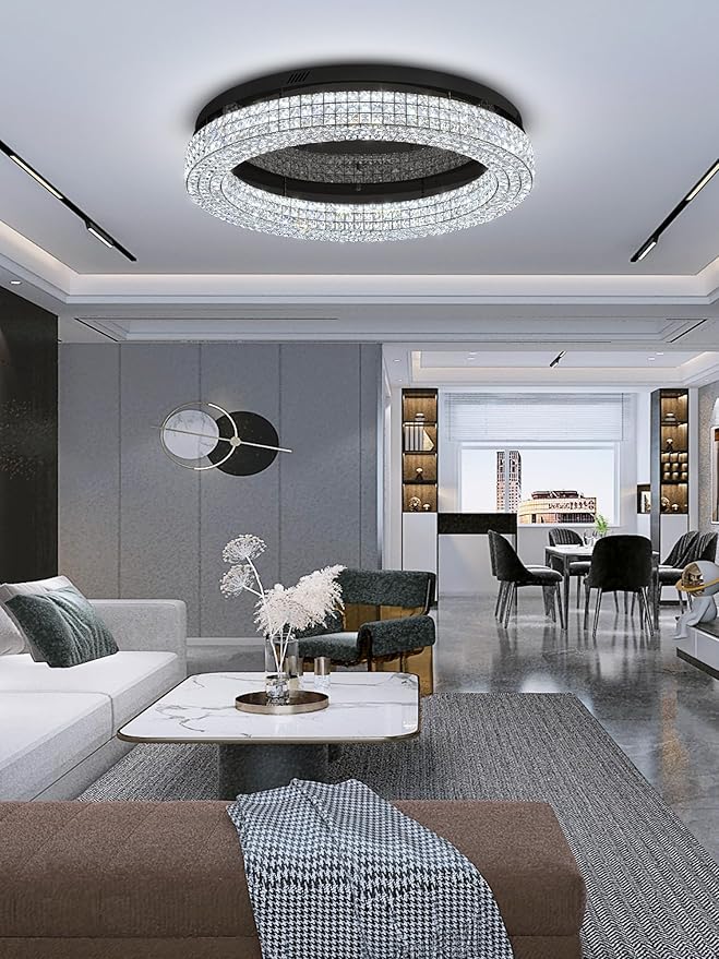 ykolupty 40'' Crystal Chandelier Light Fixture Large Chandelier for Living Room Crystal Flat Mounted Ceiling Lights Dining Room Bedroom Dimmable 2700-6000K (Black Chandeliers)