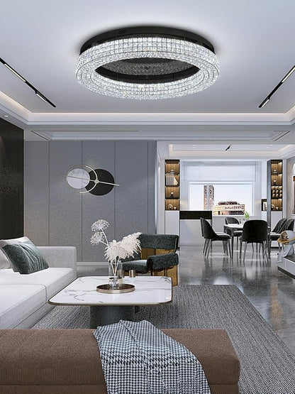 ykolupty 40'' Crystal Chandelier Light Fixture Large Chandelier for Living Room Crystal Flat Mounted Ceiling Lights Dining Room Bedroom Dimmable 2700-6000K (Black Chandeliers)