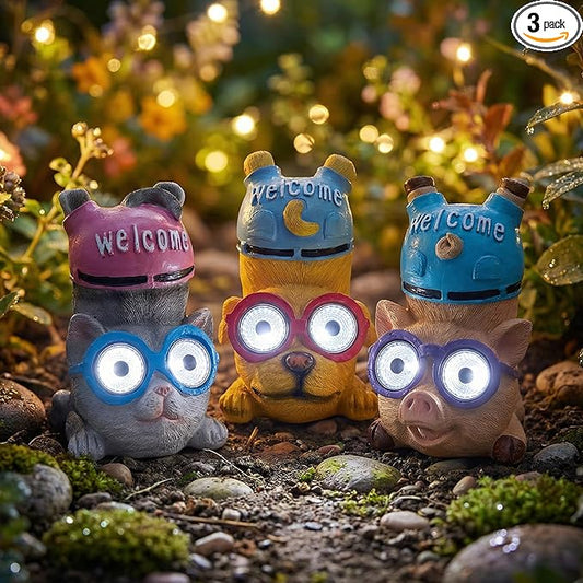 pearlstar 3 Pack Solar Lights Outdoor Garden Statues Resin Animal with Welcome Sign, Cat Dog Pig Solar Figurines LED Lights Waterproof Outside Decor for Patio Yard, Mothers Day Gifts for Mom Grandma