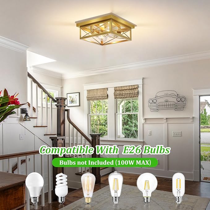 Kondras Gold Hallway Light Fixtures Ceiling, 2-Light Farmhouse Vintage Flush Mount Ceiling Lights, 2-Pack Brass Metal Kitchen Light Fixtures, Close to Ceiling Lights for Bedroom Living Room Entryway