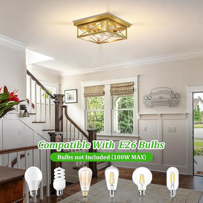 Kondras Gold Hallway Light Fixtures Ceiling, 2-Light Farmhouse Vintage Flush Mount Ceiling Lights, 2-Pack Brass Metal Kitchen Light Fixtures, Close to Ceiling Lights for Bedroom Living Room Entryway