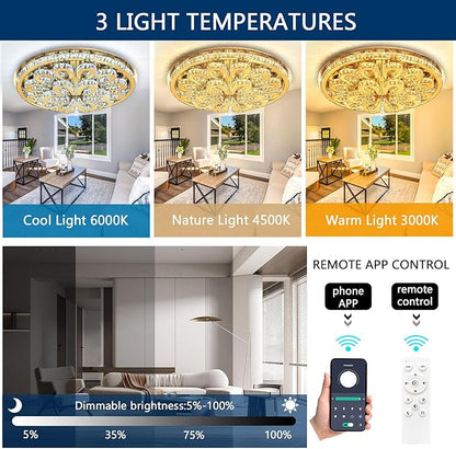 40'' Modern Chandeliers for Living Room Crystal Large Chandelier Ceiling Light Fixture LED Dimmable with Remote Pendant Lighting Flush Mount Lighting for Dining Room Bedroom Gold