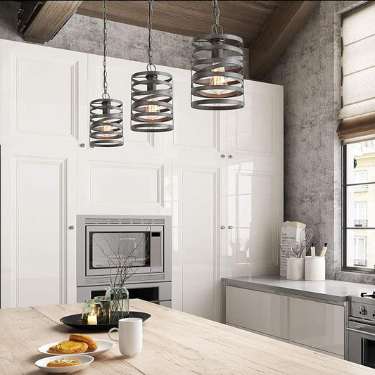 LNC Pendant Lighting for Kitchen Island, Rustic Farmhouse Pendant Light for Dining Room with Dark Silver Painted Finish, W 7" x H 12"