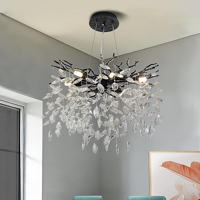 Modern Crystal Tree Branches Chandelier, 18in Black 6 Lights Large Ceiling Hanging Light for Dining Room, Round Raindrop Pendant Light Fixture