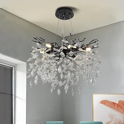 Modern Crystal Tree Branches Chandelier, 18in Black 6 Lights Large Ceiling Hanging Light for Dining Room, Round Raindrop Pendant Light Fixture