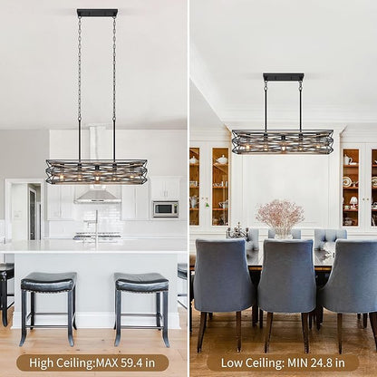 Sigaitwei 33.5''Farmhouse Dining Room Light Fixture,5-Light Kitchen Island Lighting,Industrial Chandelier for Dining Room Over Table Kitchen,Large Linear Chandelier with Retro Wood Texture Interior