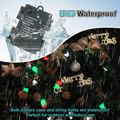 RECESKY C7 Bulbs Battery String Lights - 50 LED 26ft Fairy Christmas Lighting for Indoor Lawn Garland Home Xmas Tree Decorations - Red White Green