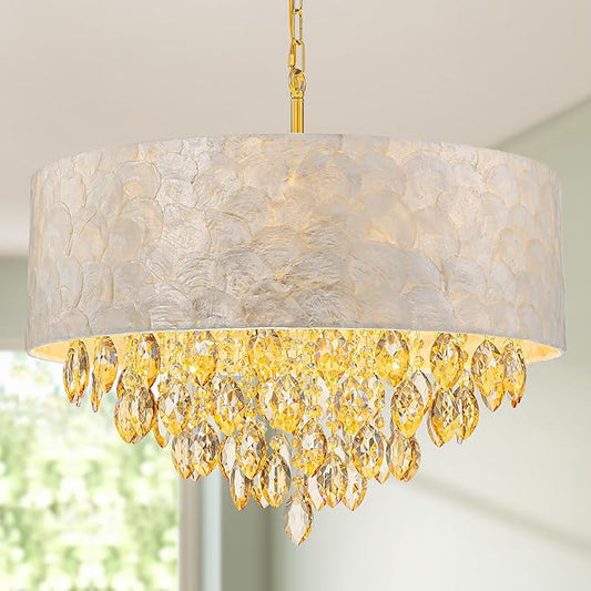 X-Large 6-Light Drum Capiz Shell K9 Crystal Chandelier, Coastal Style Pendant Light Fixture for Dining Room, Living Room, D24 * H24~70 Inch (Adjustable), Champagne Crystal & Chrome Finish