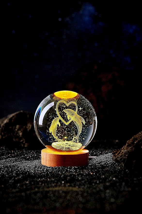 Dolphin Crystal Ball Lamp,3D 3.15 inch K9 Crystal Ball Night Light with Wooden Base Lamp for Room,Dolphin Light Gift,16 Colors Change with Remote Control (D)