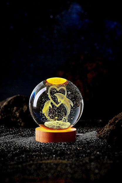 Dolphin Crystal Ball Lamp,3D 3.15 inch K9 Crystal Ball Night Light with Wooden Base Lamp for Room,Dolphin Light Gift,16 Colors Change with Remote Control (D)