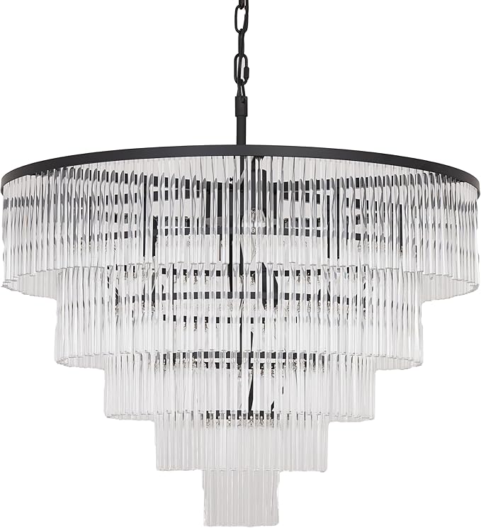Modern Multi-Tier Crystal Chandelier 5-Tier Round Black Finish Ceiling Light -Cylindrical Glass Rods -Dining Room Living Room Bedroom Entryway -Luxury Lighting Fixture 27.5''