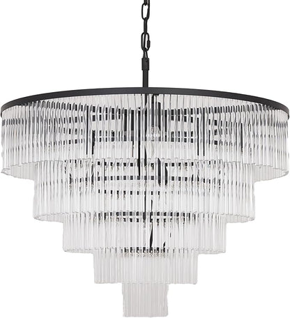 Modern Multi-Tier Crystal Chandelier 5-Tier Round Black Finish Ceiling Light -Cylindrical Glass Rods -Dining Room Living Room Bedroom Entryway -Luxury Lighting Fixture 27.5''