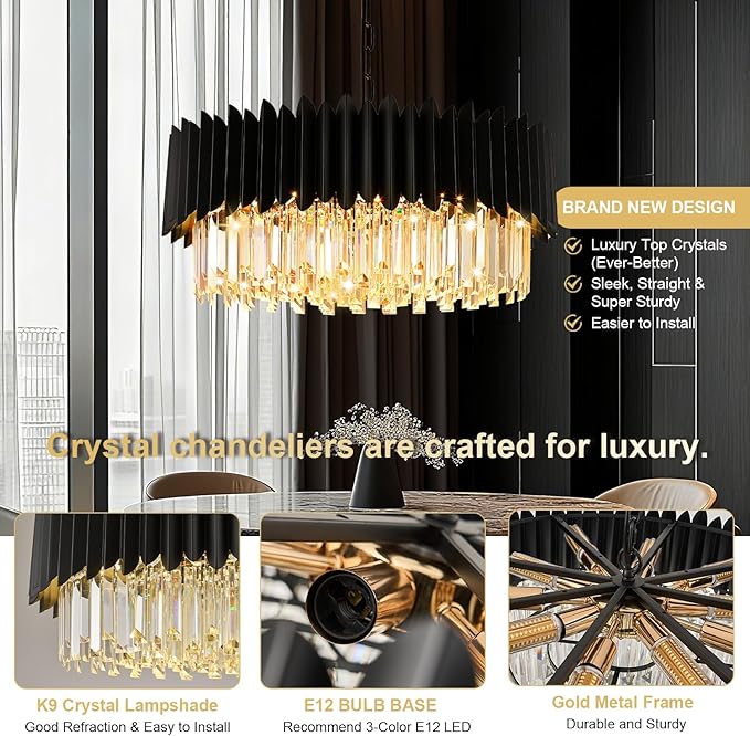 Modern Black Crystal Chandelier 24" 10-Light 5-Tier K9 Crystal Round Pendant Light Large Crystal Chandeliers for Dining Room Living Room Kitchen Island