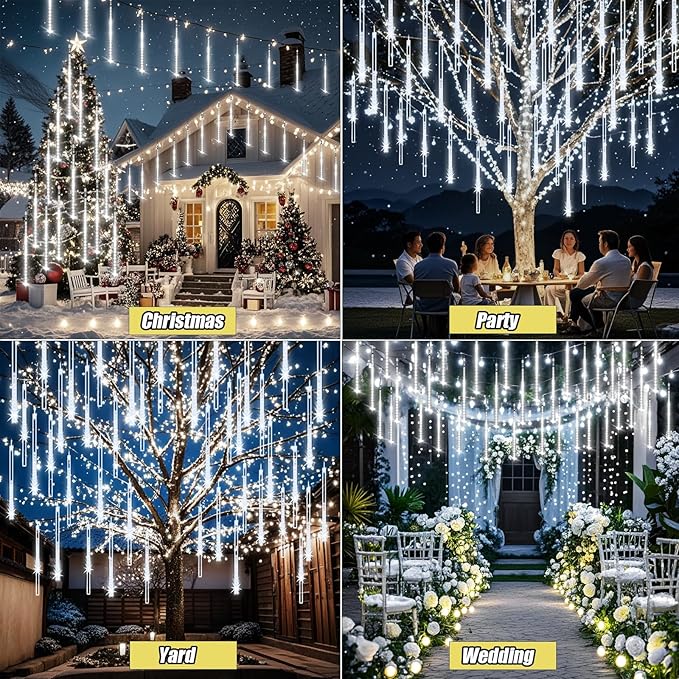 Adecorty Christmas Lights Outdoor, Meteor Shower Light 8 Tubes 192LED UL Certified Snow Falling Rain Cascading Icicle Lights for Xmas Tree Christmas Decorations Outdoor Wedding Party Window, White