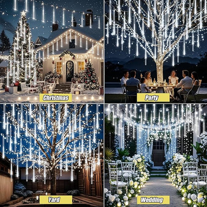 Adecorty Christmas Lights Outdoor, Meteor Shower Light 8 Tubes 192LED UL Certified Snow Falling Rain Cascading Icicle Lights for Xmas Tree Christmas Decorations Outdoor Wedding Party Window, White