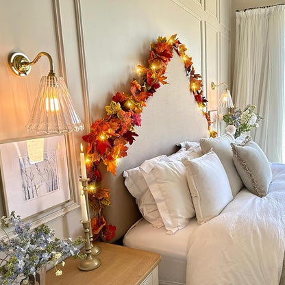 CQURE 6 Pack Fall Leaf Garland with Lights,Fall Decor Halloween Lights Artificial Maple Leaves Autumn Garland Hanging Vines Thanksgiving Decor for Home Christmas Autumn