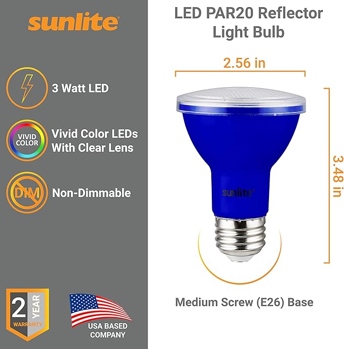 Sunlite 81467 LED PAR20 Colored Recessed Light Bulb, 3 Watt (50w Equivalent), Medium (E26) Base, Floodlight, ETL Listed, Blue, 1 Count