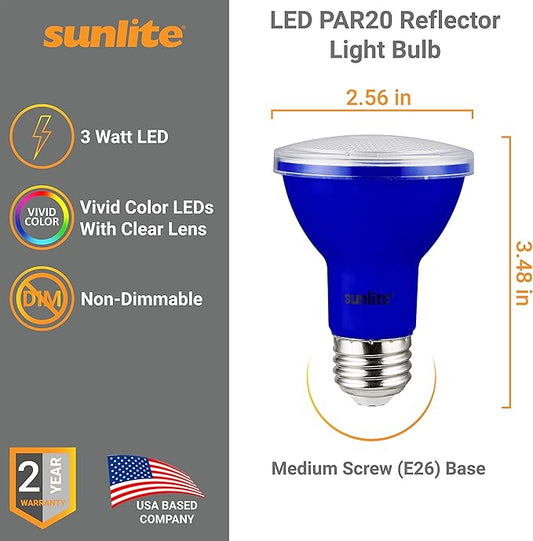 Sunlite 81467 LED PAR20 Colored Recessed Light Bulb, 3 Watt (50w Equivalent), Medium (E26) Base, Floodlight, ETL Listed, Blue, 1 Count