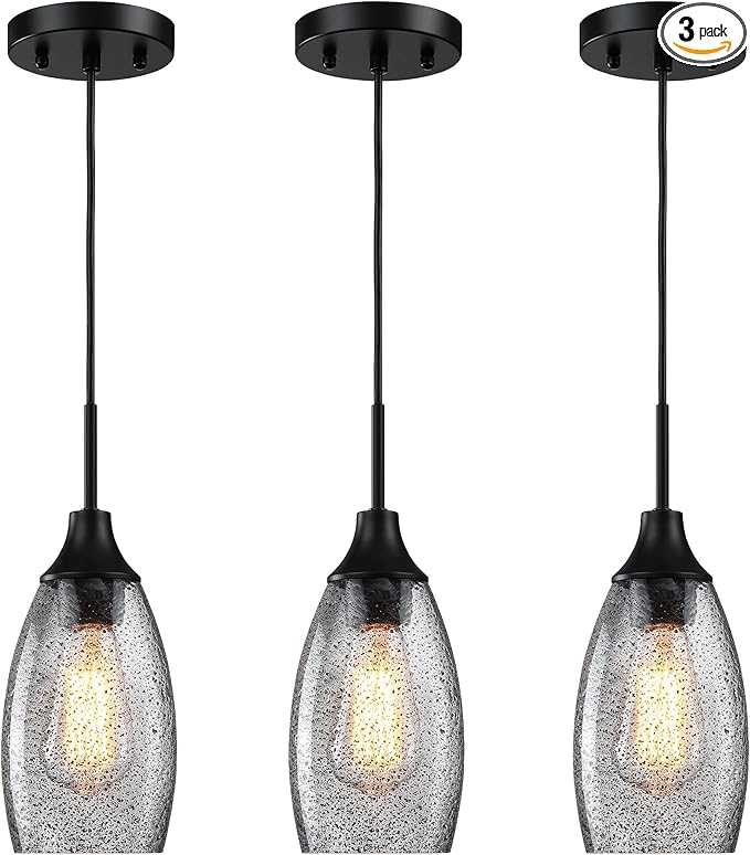 Viinew Mini Glass Pendant Light,4.72" Black Glass Hanging Light 3-Pack Handblown Clear Black Seeded Shade Adjustable Cord Ceiling Light Fixture for Kitchen Island Sink